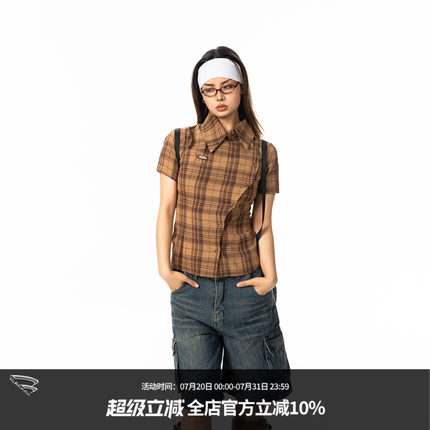 BLACKBB/中古斜门襟格纹紧身衬衫修身短袖衬衣女短款设计感小众夏