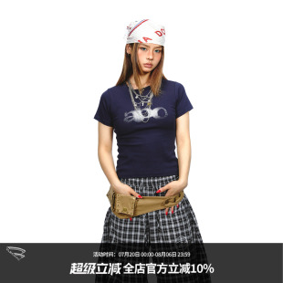 BLACKBB美式 T恤女圆领网点印花显瘦复古上衣 街头修身 弹力正肩短袖