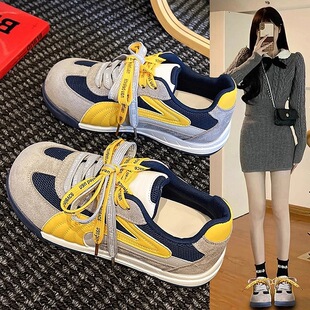 丑萌网面德训鞋女2025秋季新款内厚底大头面包鞋休闲运动板鞋