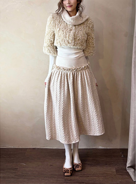 無丛 NO SERVICE原创小众设计环保皮草短款+低腰花边麻花针织半裙