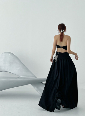NO SERVICE  独立原创设计收腰挖洞 露背A摆度假黑色长裙年会礼服