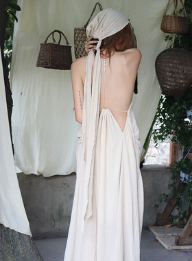 NO SERVICE 2024SS原创设计肌理皱感棉麻露背度假连衣裙