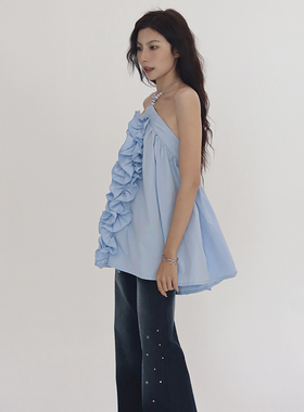 無丛 NO SERVICE 立体花边串珠挂脖蓝色吊带 度假抹胸