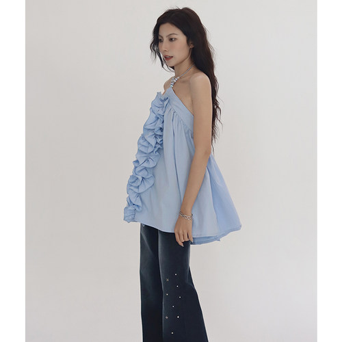 無丛 NO SERVICE 立体花边串珠挂脖蓝色吊带 度假抹胸