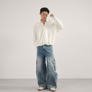 复古水洗弯刀工装牛仔裤男女美式宽松休闲阔腿citywalk长裤子