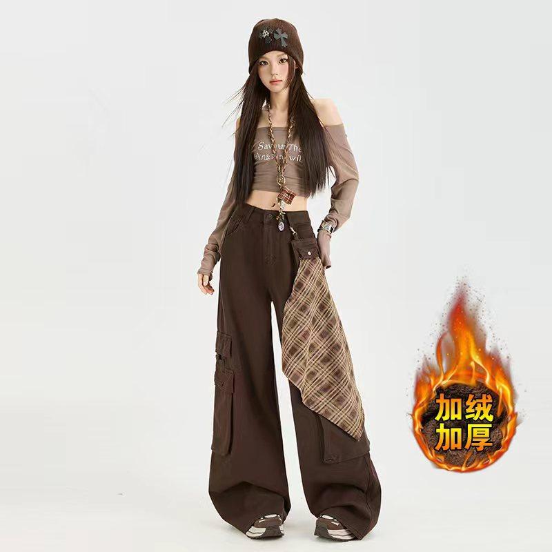 宽松显瘦酷拽休闲高腰百搭阔腿裤女美式复古设计感多口袋工装裤,女装/女士精品,牛仔裤,淘宝优惠券,粉丝福利购,淘宝优惠卷