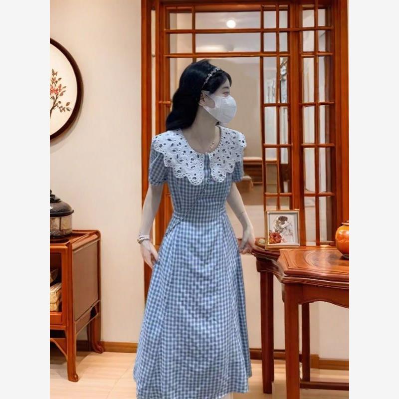 韩版甜美娃娃领格子连衣裙大码宽松云朵棉睡衣女家居服睡裙可外穿
