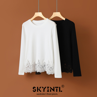 SKYINTL重工刺绣蕾丝拼接长袖 打底上衣 T恤女遮肉显瘦洋气春秋薄款