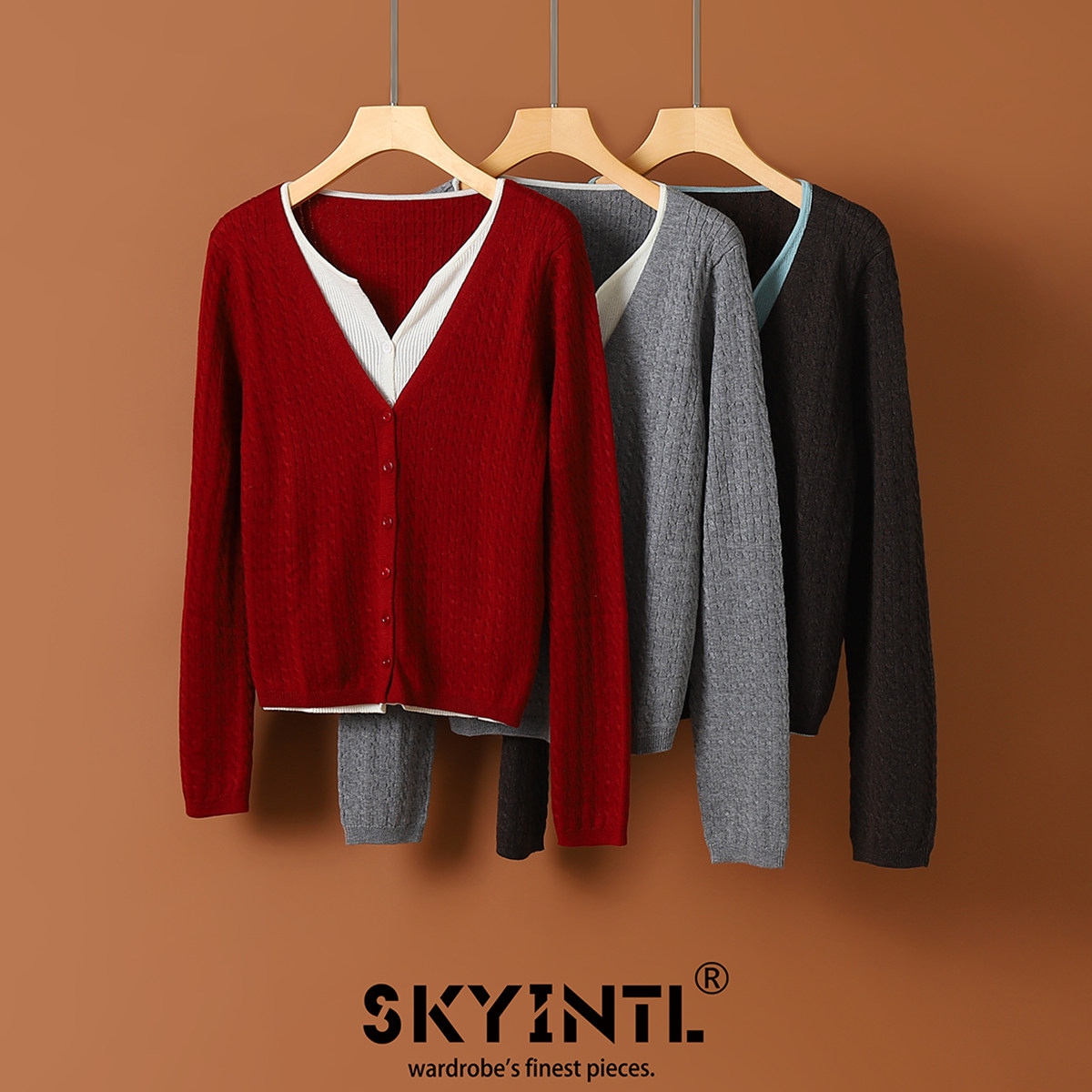 SKYINTL绵羊毛麻花开衫毛衣女外套时尚百搭两件套针织衫上衣秋冬