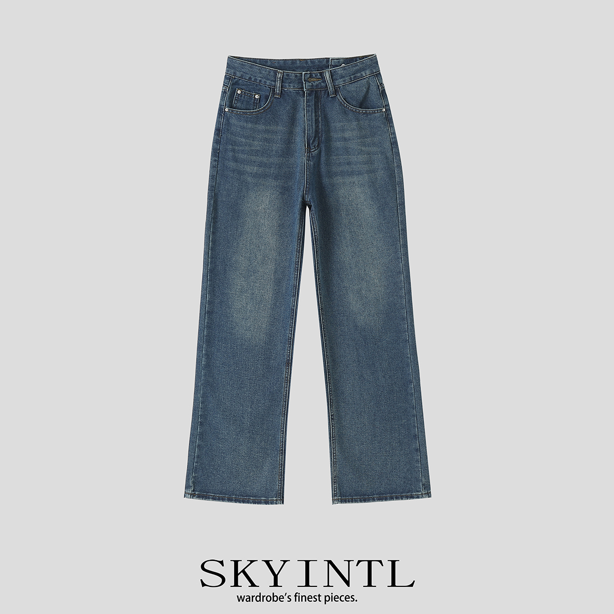 SKYINTL复古蓝阔腿牛仔裤女春秋