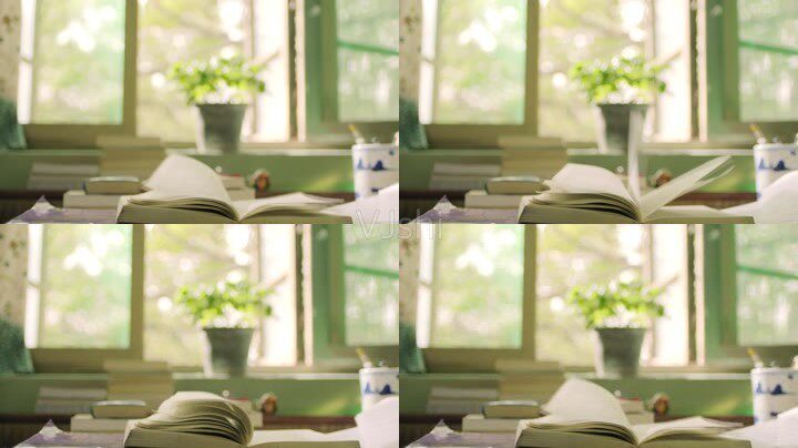 视频素材窗前的书桌风吹书页教师节片头朗读朗读者书纸教育文学