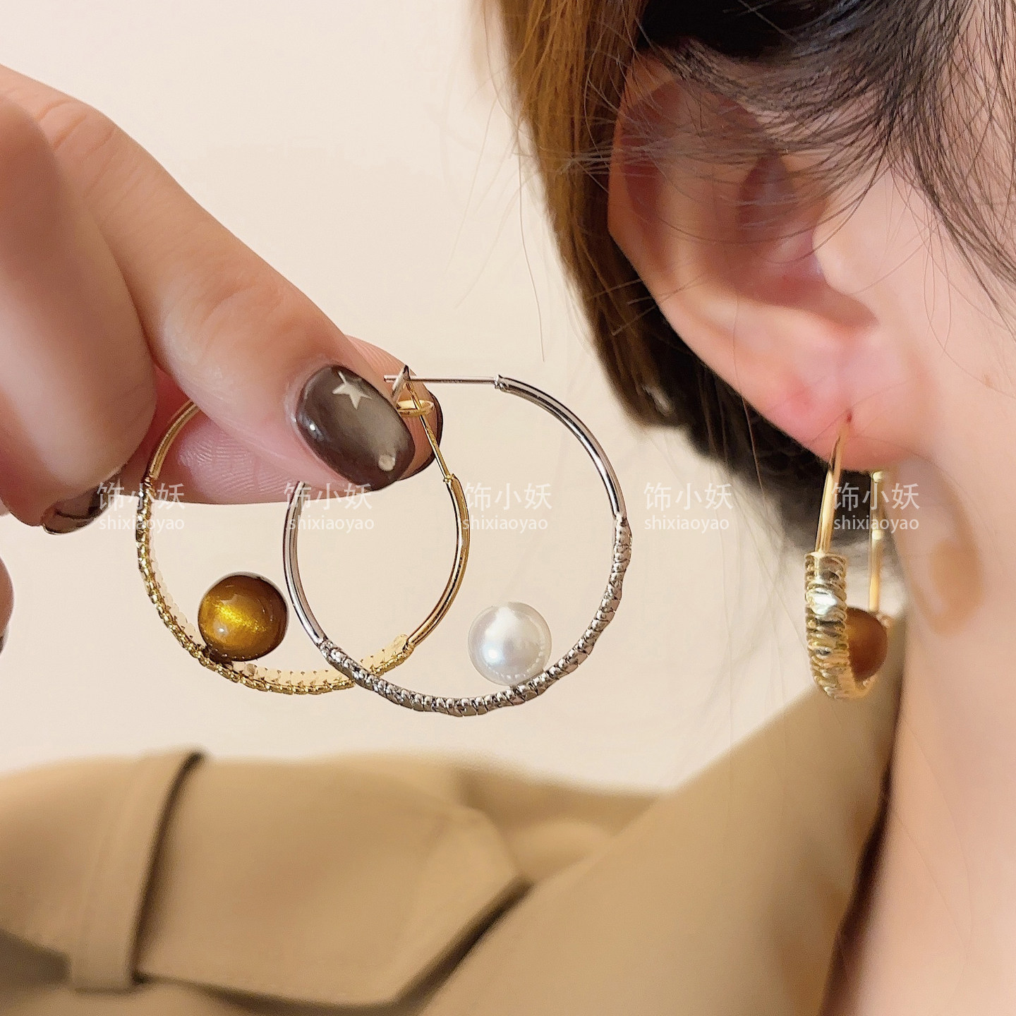 美拉德虎眼石珍珠圈圈耳环