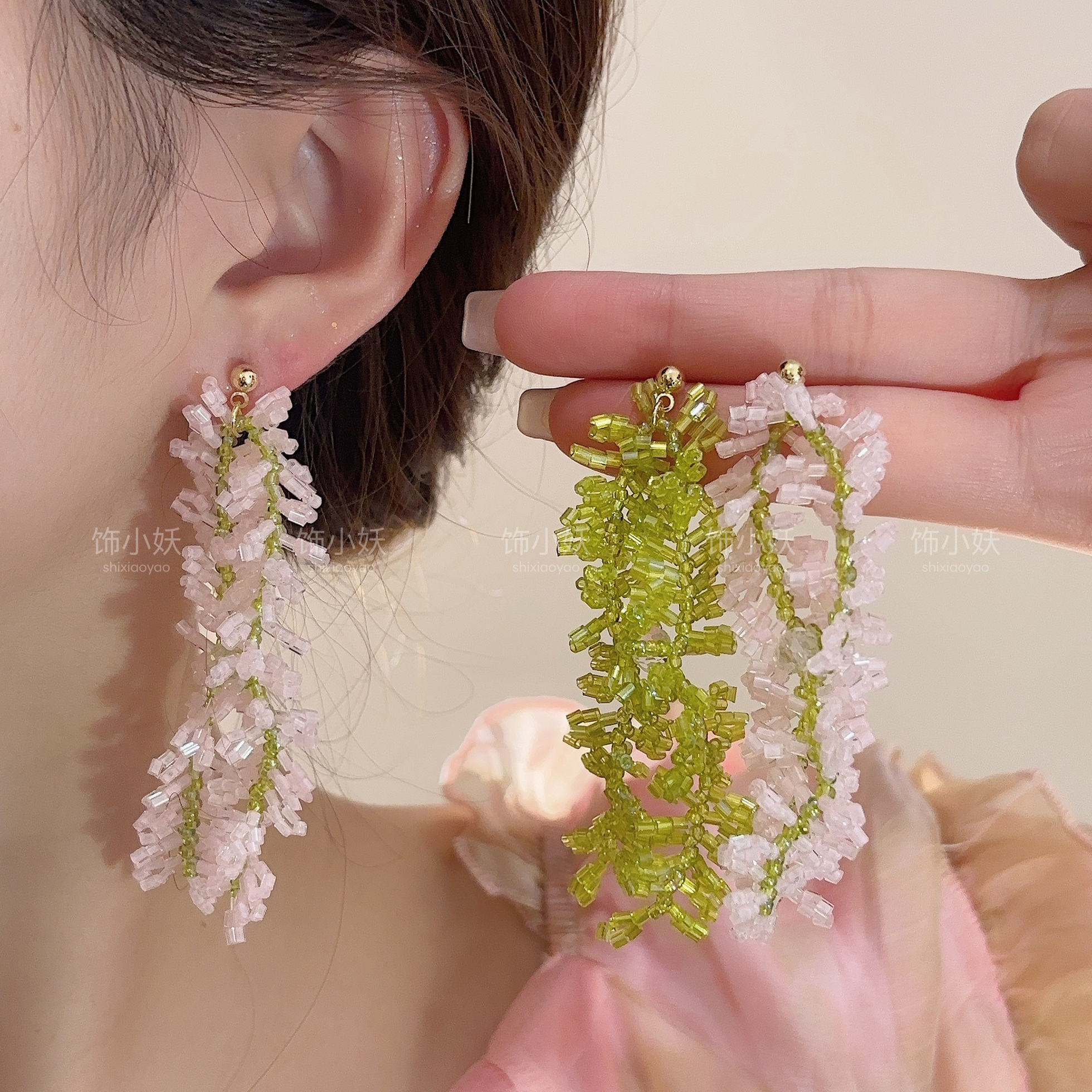 淡漠森林～ 仙气梦幻串珠花朵耳钉2025新款长款流苏耳环夸张耳饰