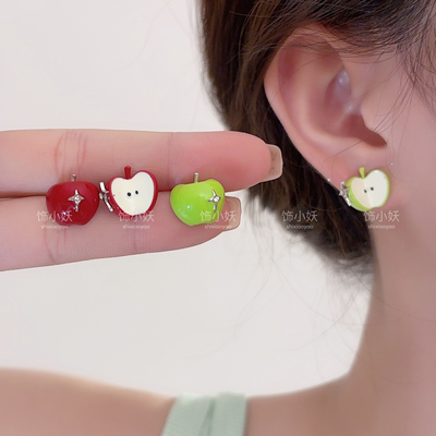 多巴胺绿色苹果耳钉女小众设计感