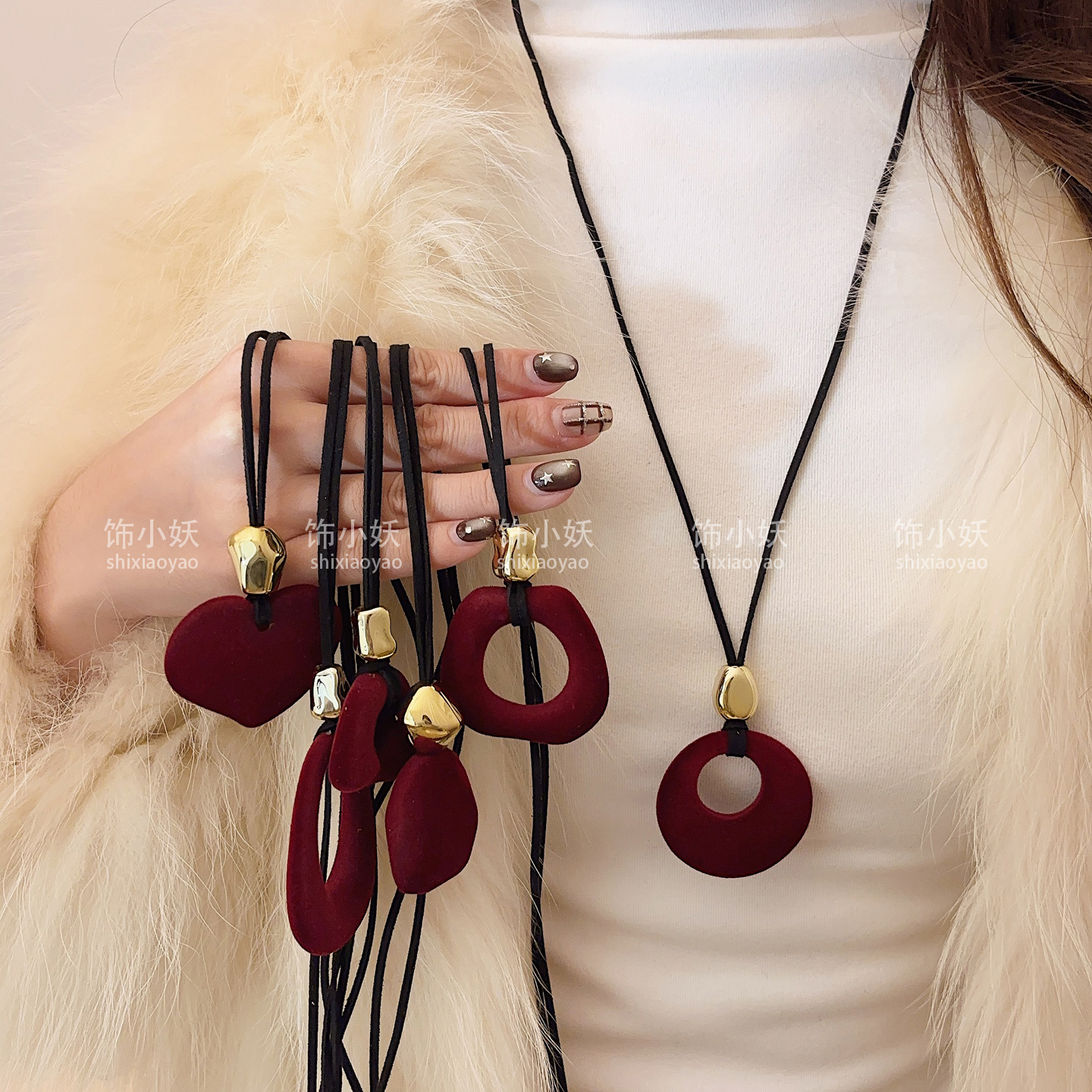 红色丝绒不规则镂空项链女款