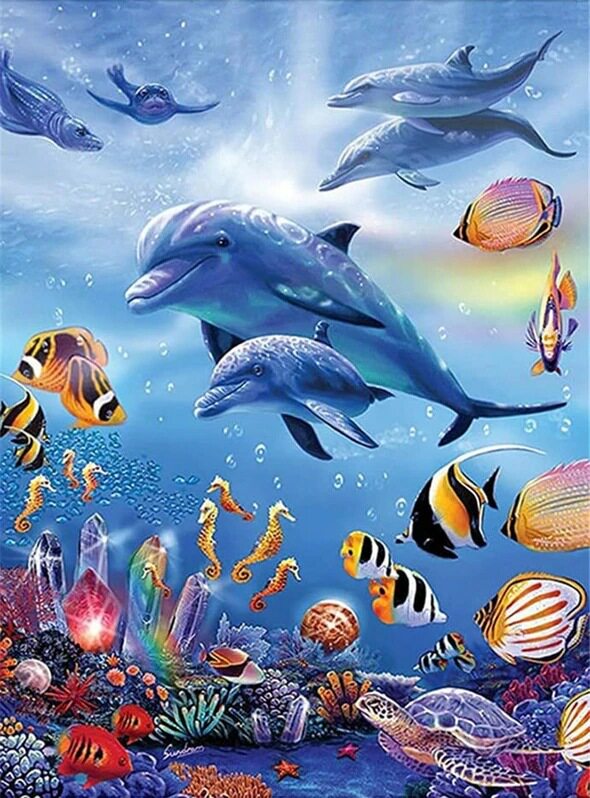 钻石画2021年新款满钻5d海底世界海豚diy点钻十字绣