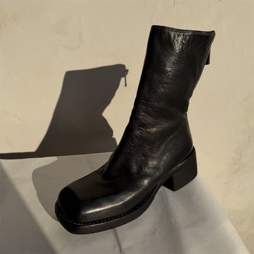 guidi9088马皮手工粗跟女短靴