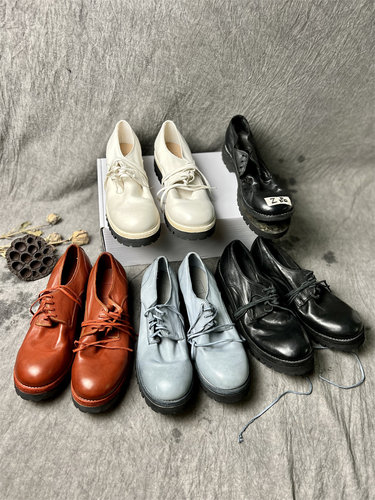 鬼帝德比鞋系带厚底复古手工马皮