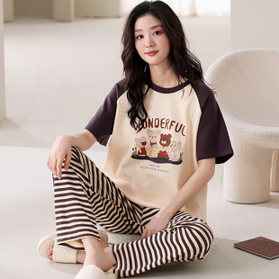 长裤 纯棉短袖 薄款 全棉卡通大码 浪莎睡衣女款 可外穿家居服套装 夏季