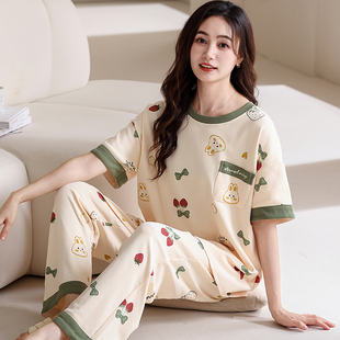 可爱全棉可外穿套头家居服套装 浪莎睡衣夏天女款 薄款 长裤 纯棉短袖