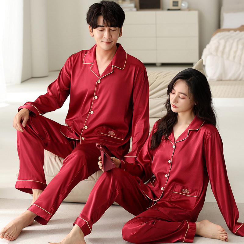 【浪莎】冰丝红色情侣睡衣长袖