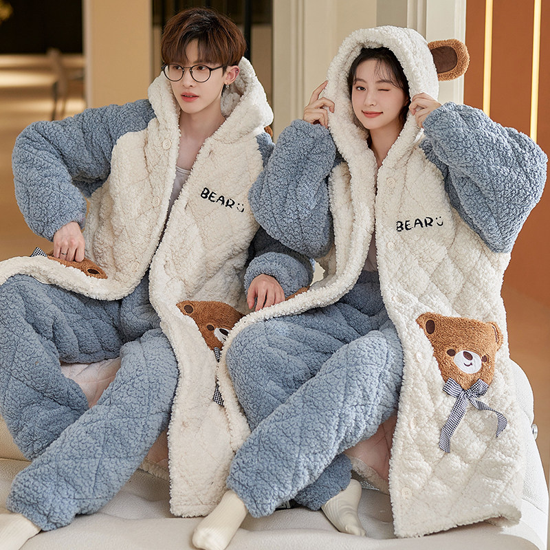 浪莎情侣睡衣女冬季三层加厚加绒夹棉珊瑚绒男士中长款家居服套装,女士内衣/男士内衣/家居服,睡袍/浴袍,淘宝优惠券,粉丝福利购,淘宝优惠卷