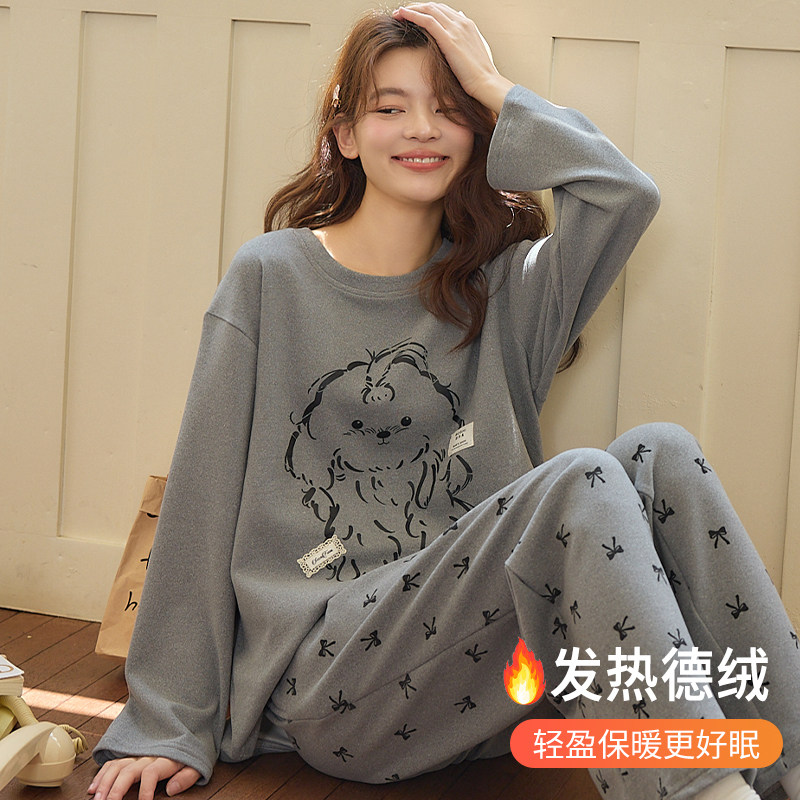 浪莎睡衣女春秋冬季德绒长袖加厚保暖2025新款薄绒套头家居服套装