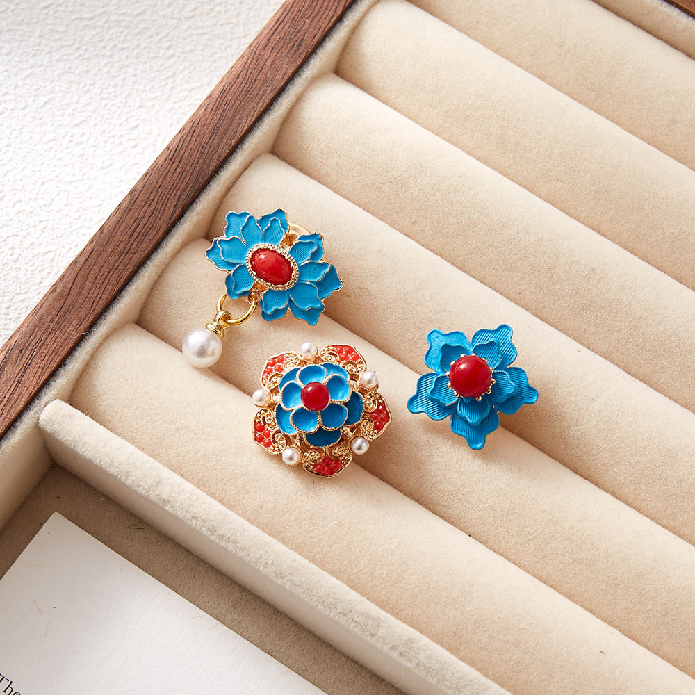 中国风仿烧蓝花朵衣领釉彩旗袍汉服胸针迷你小号刺马针花衣配饰品