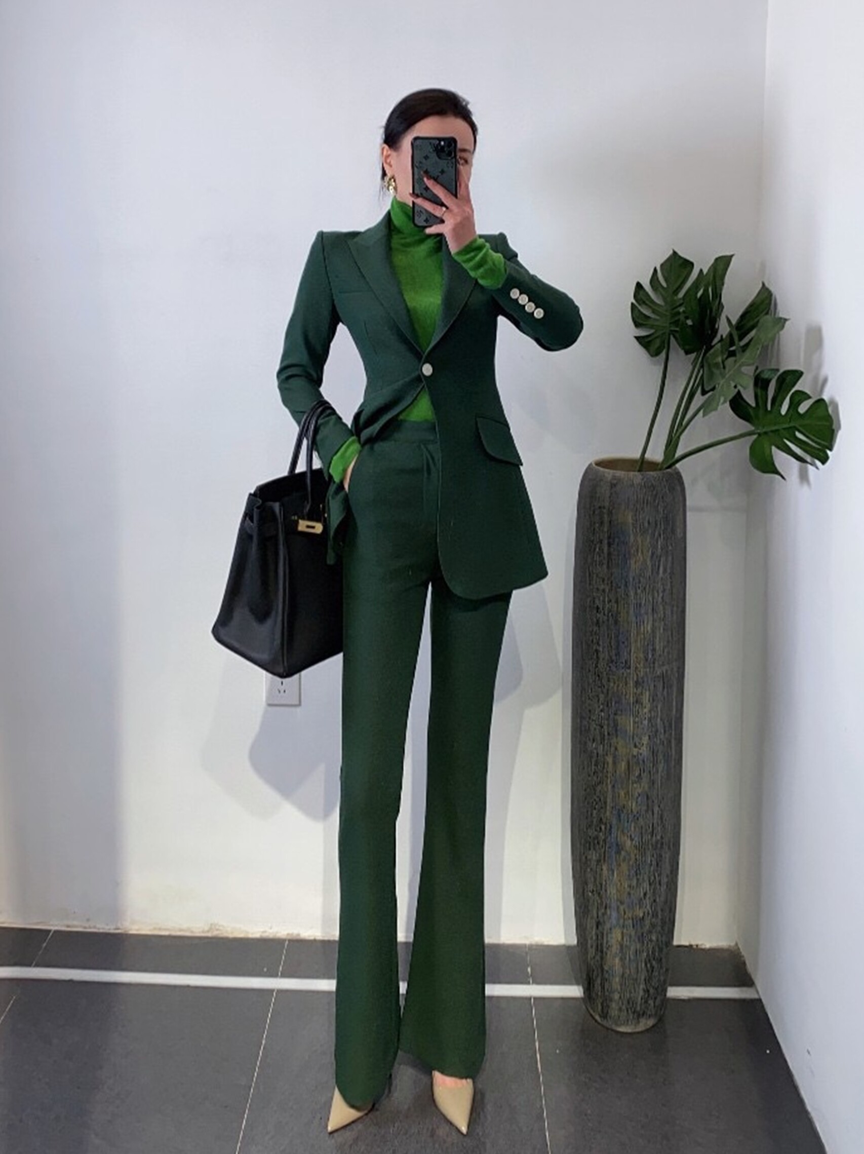 ZEROYK 고급 직업복 왕언니 여신 기질 웨이스트 슈트 부츠컷 팬츠 통근 정장 투피스 세트