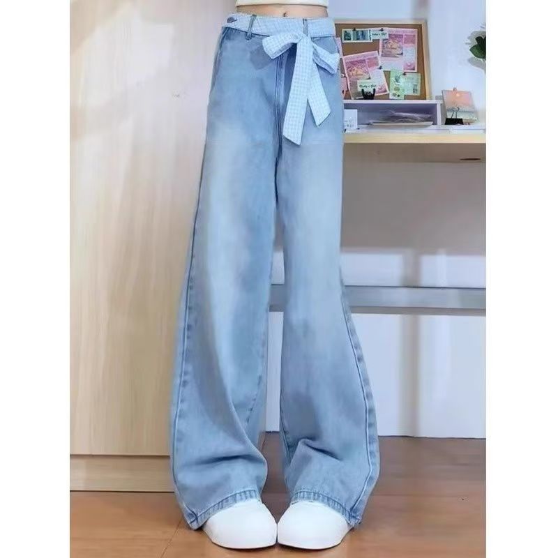 美式侧边拉链蝴蝶结绑带牛仔裤女2025夏季设计感新款宽松阔腿长裤