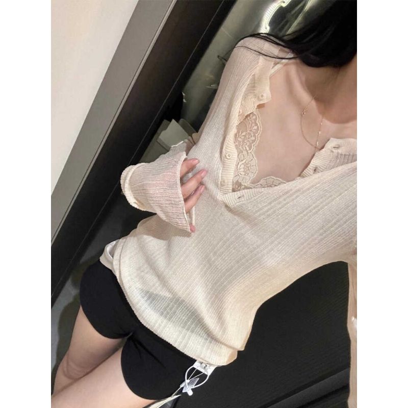 大码胖mm女纯欲风辣妹叠穿蕾丝针织衫秋季设计感打底长袖叠穿上衣