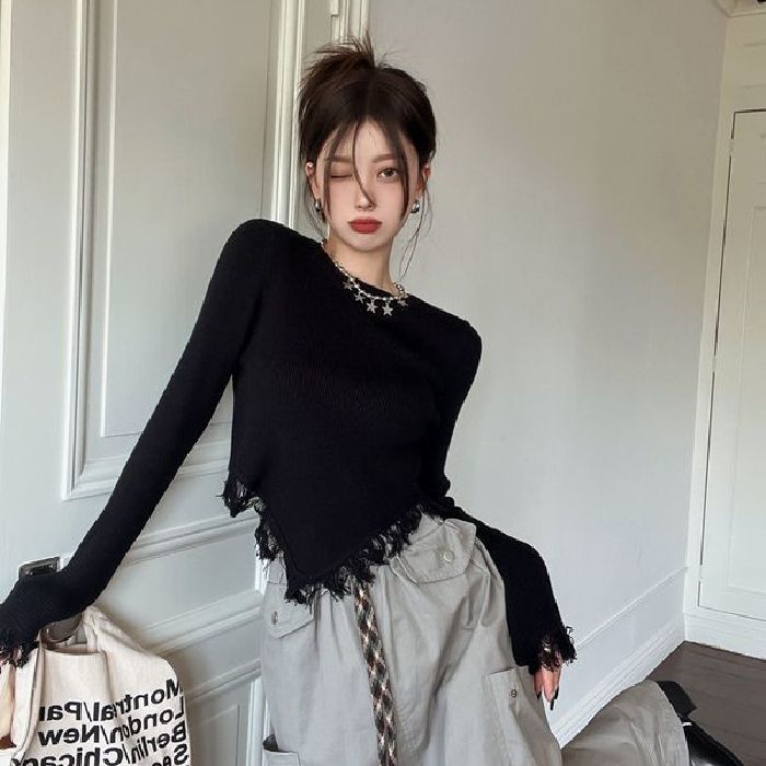 【前后流苏，2x2舒肤绒】小众港味小个子上衣短款内搭长袖打底衫