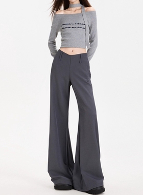 韩版灰色微喇休闲西装裤女秋2025新款低腰宽松显瘦垂感休闲喇叭裤