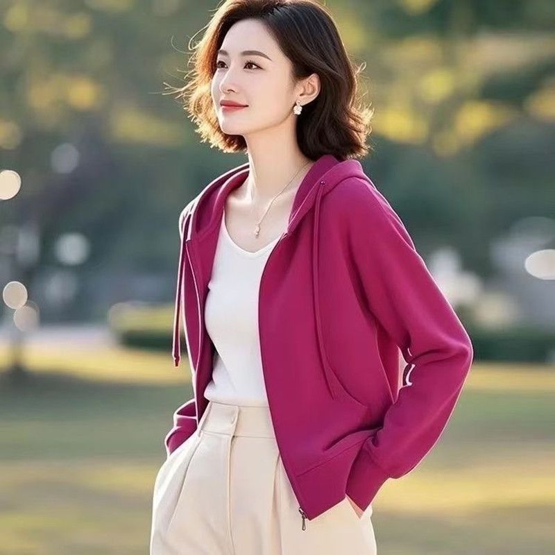 【656#M-4XL/5色】玫红色卫衣外套女减龄秋季洋气休闲新款开衫上