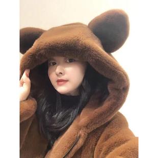 2025冬季新款连帽宽松可爱耳朵加厚毛毛绒中长款仿皮草外套女