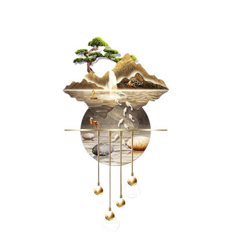 流水生财玄关装饰画山水档立体LED壁灯新中式入户走廊过道挂画