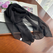 真丝丝巾女春秋薄款 黑色细窄长条防晒护颈围巾百搭旗袍桑蚕丝纱巾