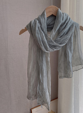 灰色褶皱复古丝巾女春秋薄款熏染文艺怀旧扎染纱巾纯色长款围巾新