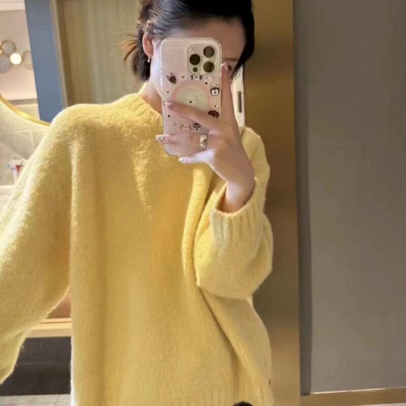 韩版慵懒风黄色显白软糯毛衣女2026秋季新款宽松减龄长袖针织上衣