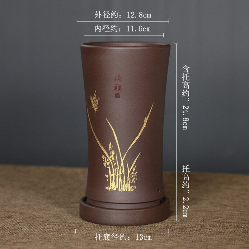 神力兰花盆紫砂花盆蕙春墨兰室内桌面小号圆形带托盘桌面透气兰草
