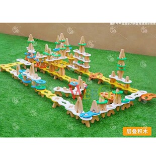 96片层叠积木幼儿园早教建构区材料叠叠高彩色榉木套叠积木玩具