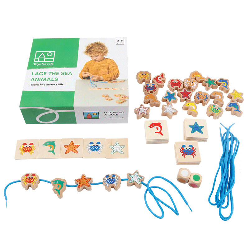 Toys for life海洋动物穿线精华版幼儿园儿童木制串珠线游戏玩具