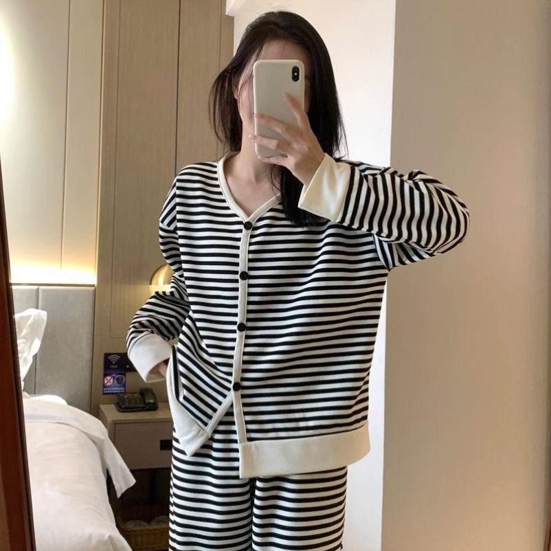 2025新款睡衣女春秋季纯棉长袖条纹休闲学生可外穿运动家居服套装