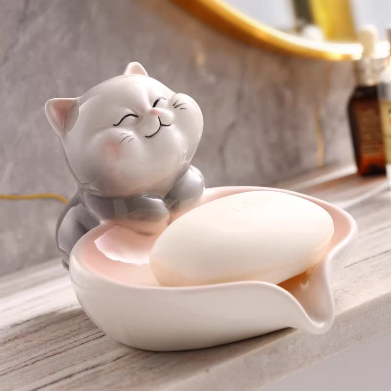 陶瓷招财猫锦鲤肥皂盒沥