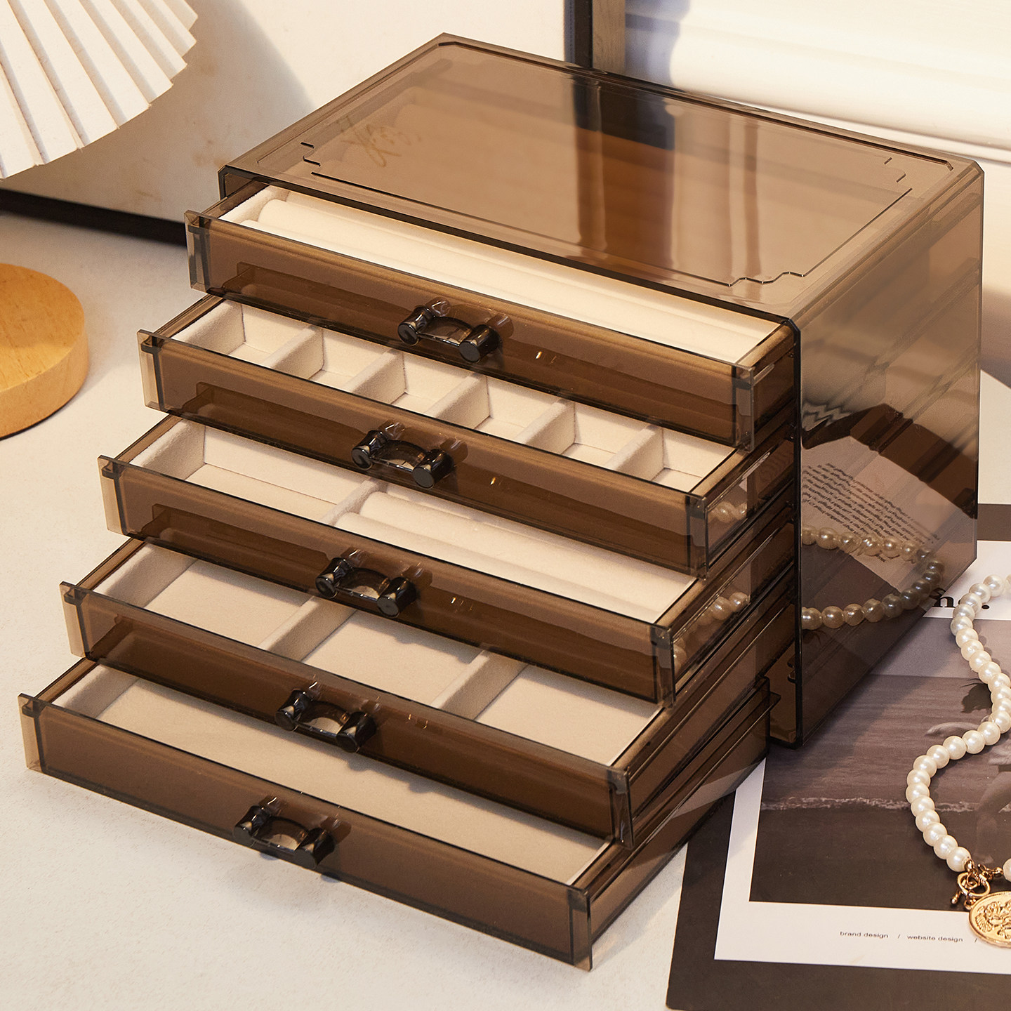 首饰五层米色收纳盒透明多层大容量亚克力戒指耳环项链手镯抽屉式,收纳整理,首饰盒,淘宝优惠券,粉丝福利购,淘宝优惠卷