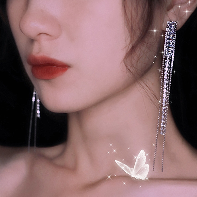 长款气质锆石网红流苏耳环银针高级水钻链条显瘦耳坠女耳饰韩版