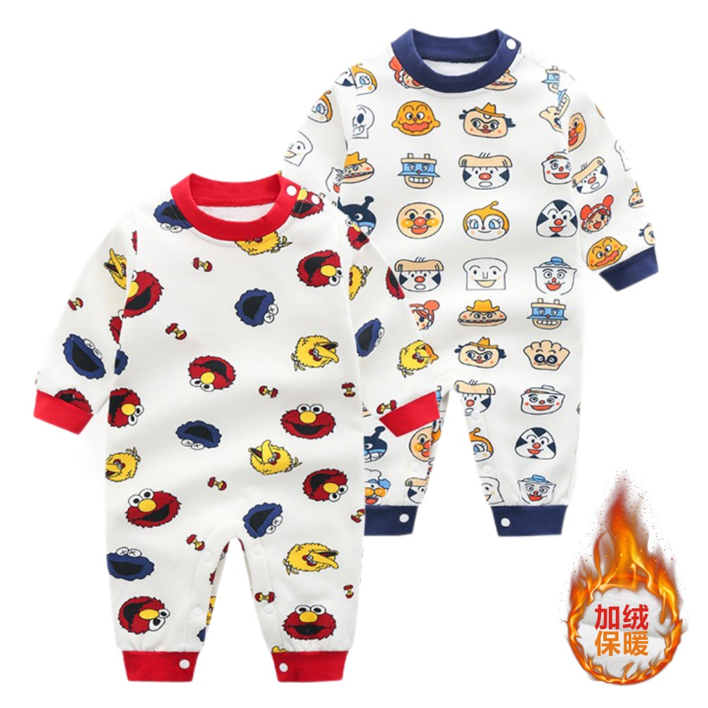 面包卡通加绒保暖婴儿连体衣秋冬