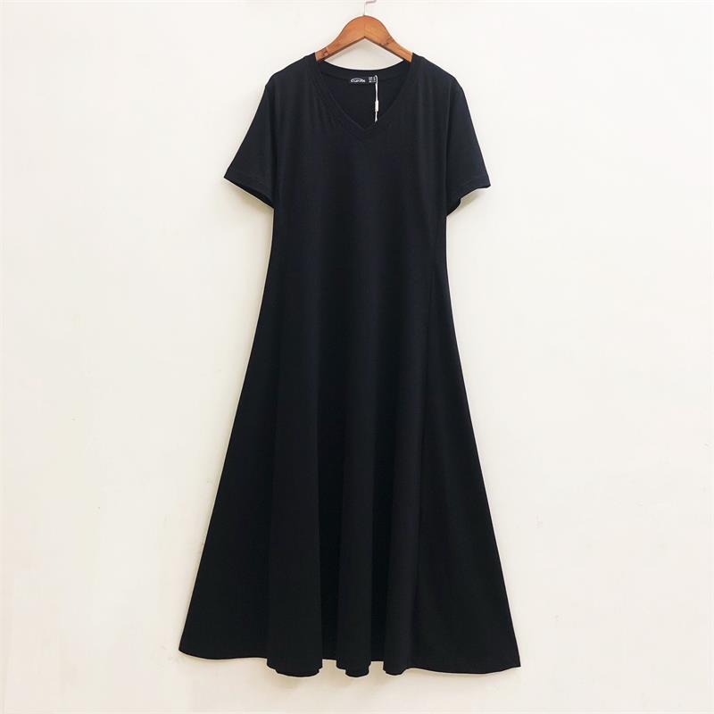 遮肚显瘦V领裙长裙纯棉