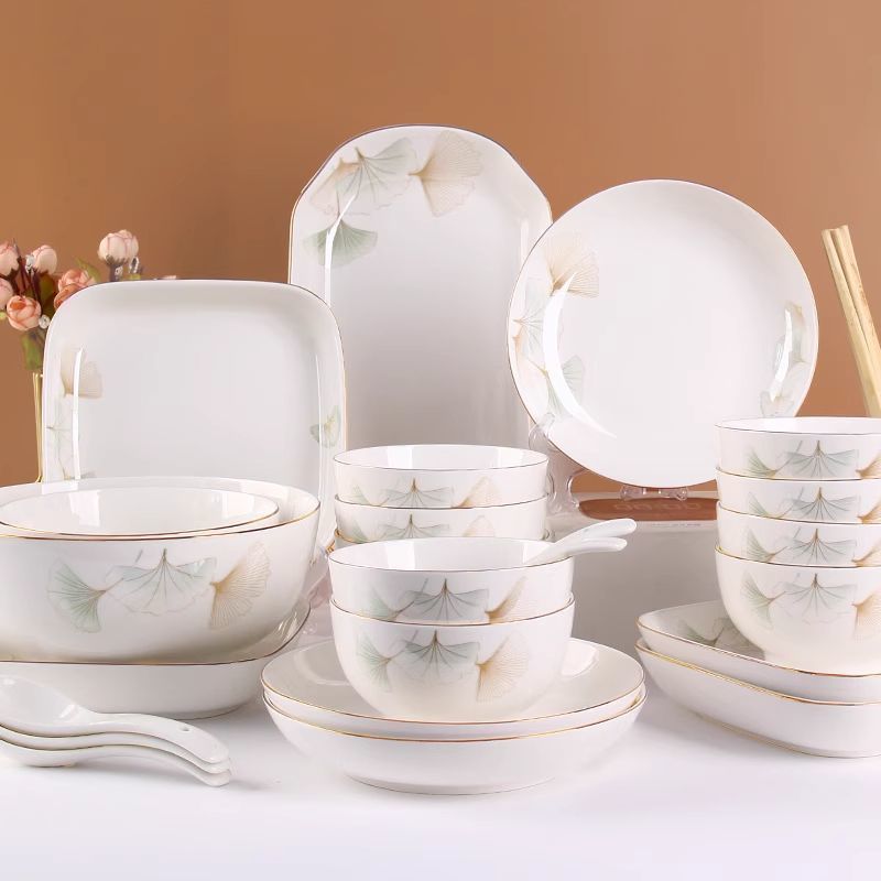 银杏风套装餐具碗碟加厚家用饭碗防烫碗盘陶瓷高脚乔迁组合高颜值
