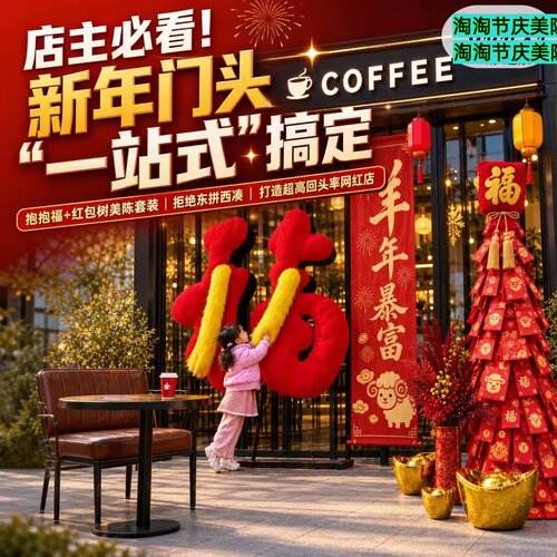 新年店铺橱窗布置网红毛绒抱抱福红包瀑布树商场店铺门头装饰美陈
